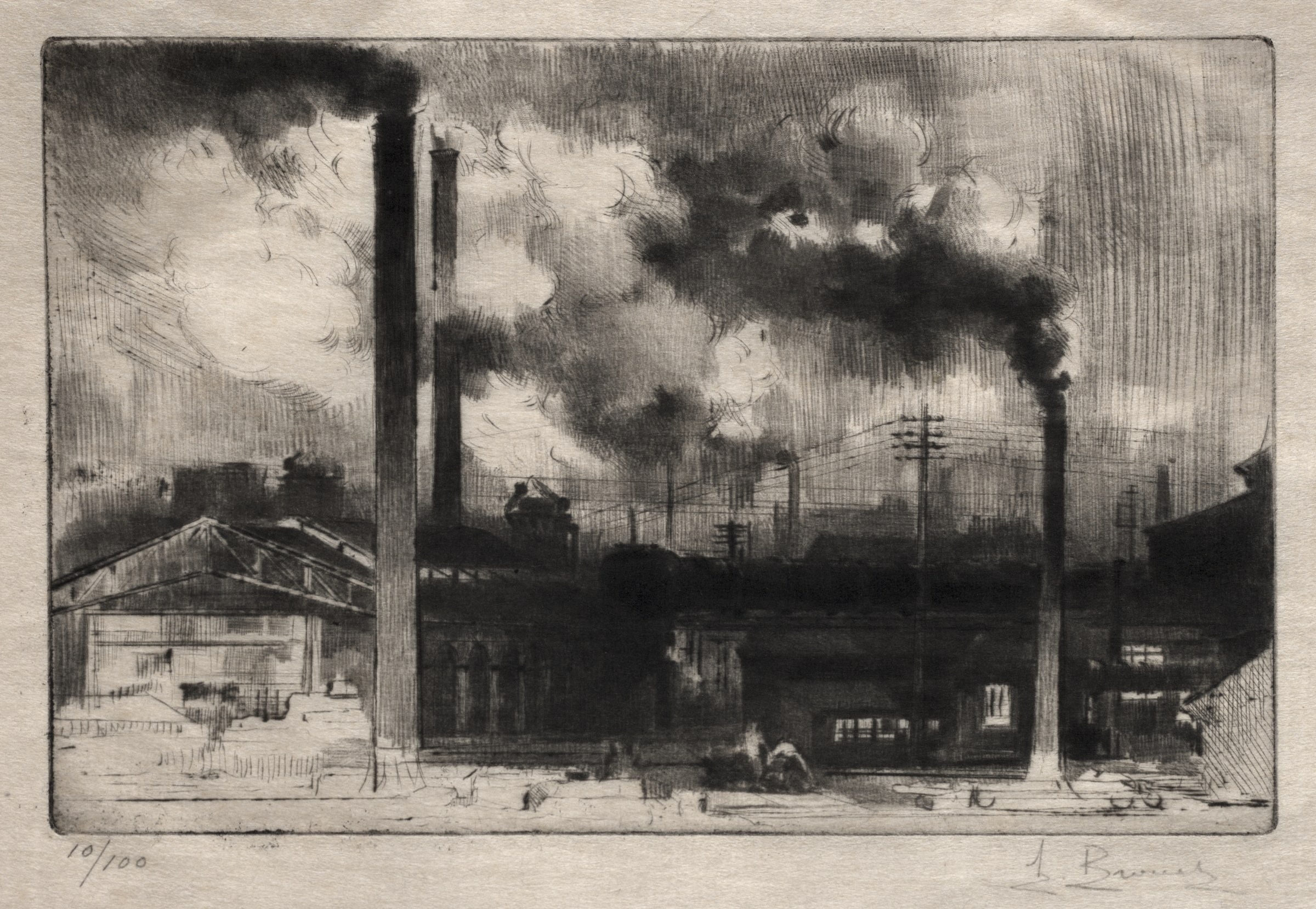 Auguste Brouet print depicting smokestacks at the Creusot Works